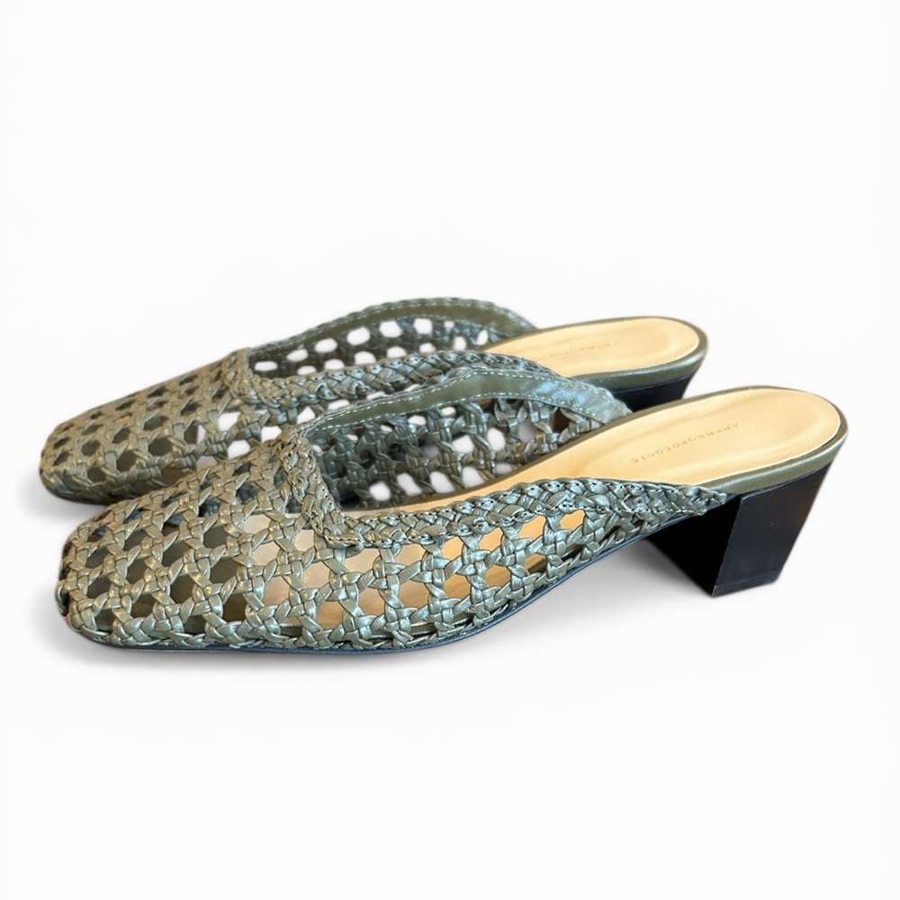 Anthropologie Woven Leather Mule Heels in Sage 40 Kitten Heel Like New